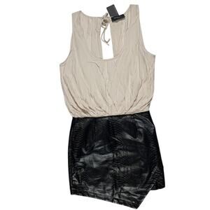 Open Back  Black Cream Faux Leather Snake Skin Mini Dress Asymmetrical Bodycon